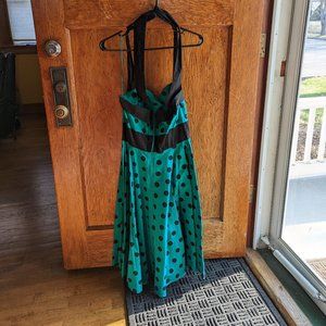 Hell Bunny S Halter Dress - Black and Emerald Polka Dot Retro Dress - Stunning!